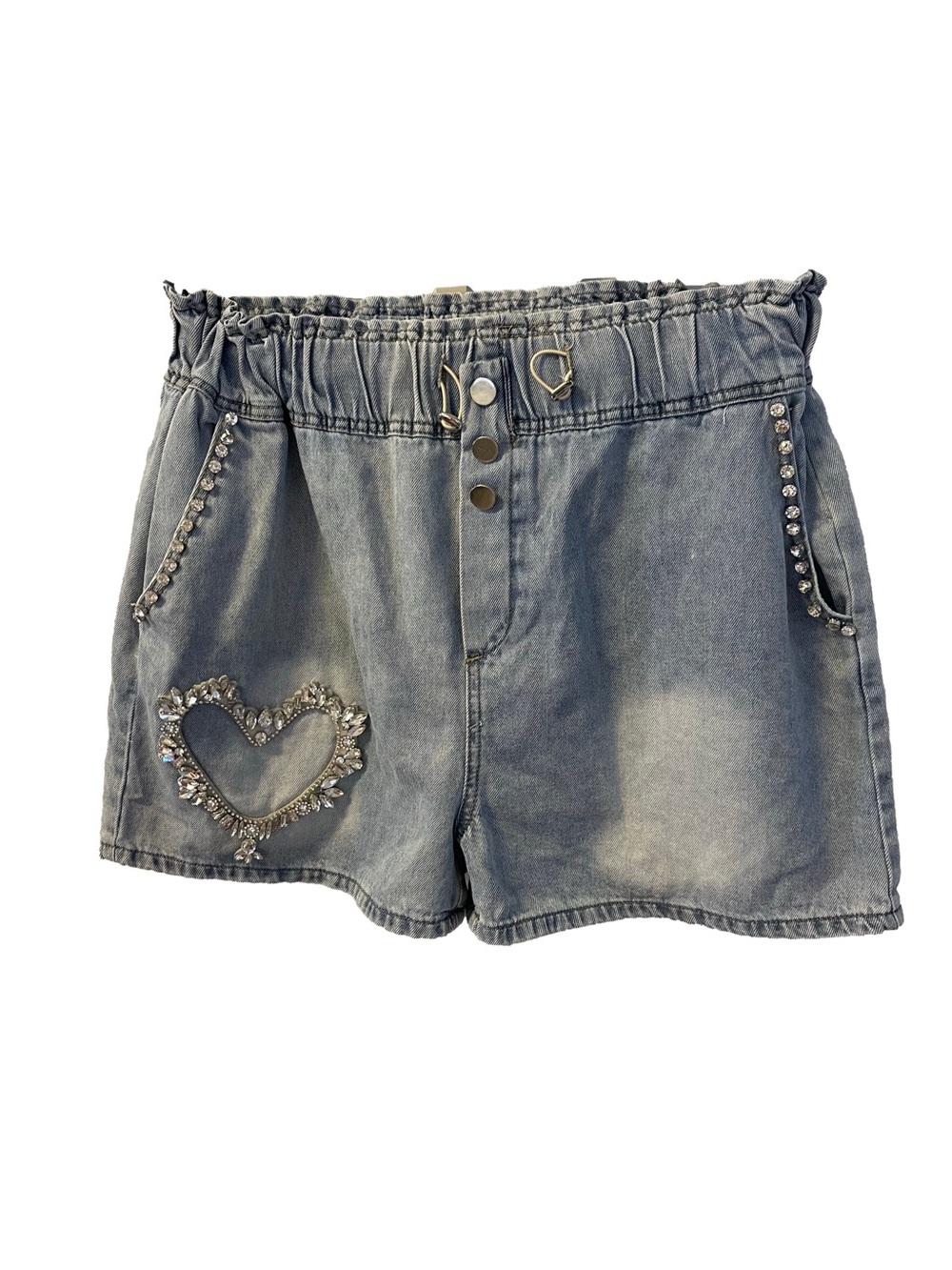 Rhinestone Heart High Waist Denim Embellished Heart Paperbag Shorts - Blue Sz XL